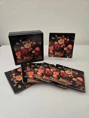 VTG 70s Pimpernel Italian Earthy Floral Black Wooden Coaster Set W Matching Case